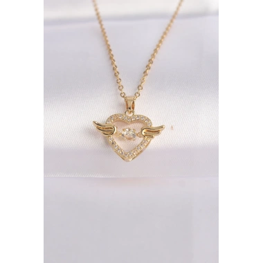 316L Çelik Zincir Altın Renk Zirkon Taşlı Kanatlı Kalp Kolye