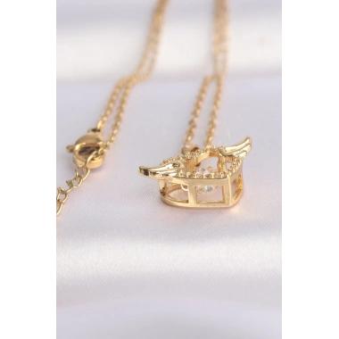 316L Çelik Zincir Altın Renk Zirkon Taşlı Kanatlı Kalp Kolye