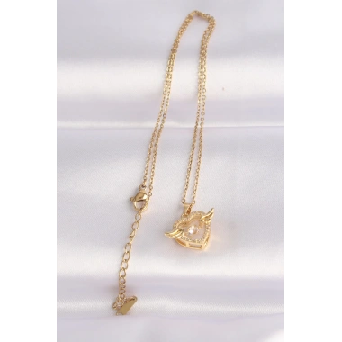 316L Çelik Zincir Altın Renk Zirkon Taşlı Kanatlı Kalp Kolye
