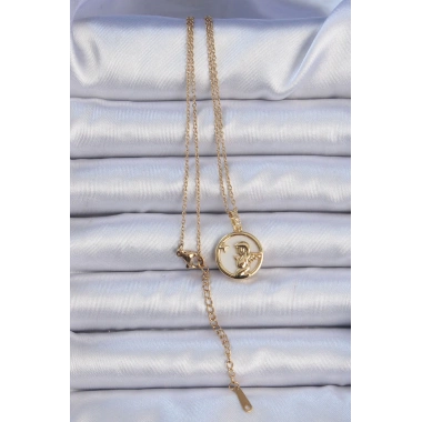 316L Çelik Zincir Altın Renk Zirkon Taşlı Mineli Melek Kolye