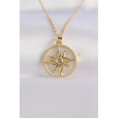 316L Çelik Zincir Altın Renk Zirkon Taşlı Oval Tasarım Güneş Kolye