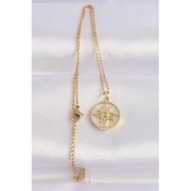 316L Çelik Zincir Altın Renk Zirkon Taşlı Oval Tasarım Güneş Kolye