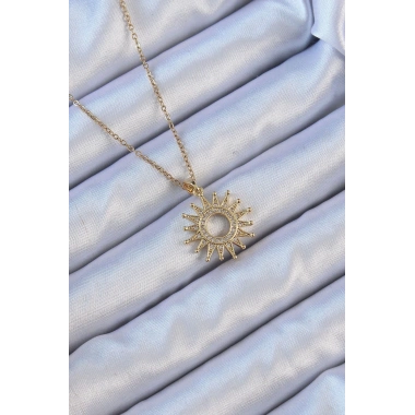 316L Çelik Zincir Altın Renk Zirkon Taşlı Parlayan Güneş Kolye
