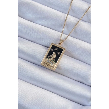 316L Çelik Zincir Altın Renk Zirkon Taşlı Siyah Mineli Kız Figürlü Tarot Kolye