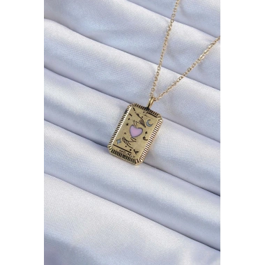 316L Çelik Zincir Eskitme Altın Renk Pembe Mineli Kalp Figürlü Tarot Kolye