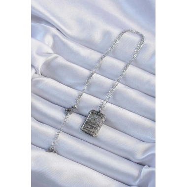 316L Çelik Zincir Eskitme Gümüş Renk Ay Figürlü Tarot Kolye