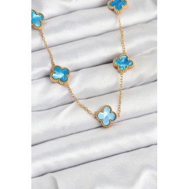 316L Çelik Zincir Gold Buz Mavisi Renk Yonca Kolye