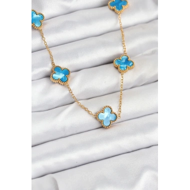 316L Çelik Zincir Gold Buz Mavisi Renk Yonca Kolye