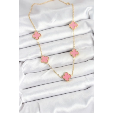 316L Çelik Zincir Gold Pembe Renk Yonca Kadın Kolye