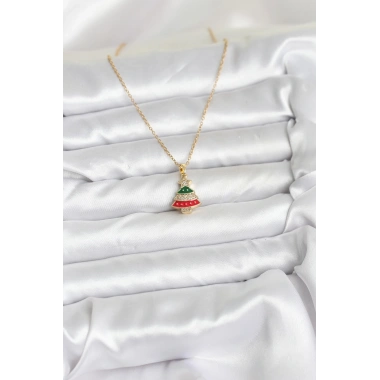 316L Çelik Zincir Gold Ren Çam Ağacı Model Zirkon Taşlı Yılbaşı Temalı Kadın Kolye