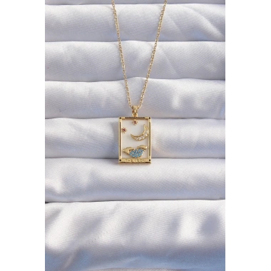 316L Çelik Zincir Gold Renk Ay Detay Mavi Zirkon Taşlı Tarot Kolye