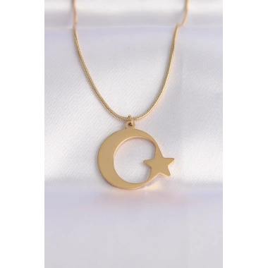 316L Çelik Zincir Gold Renk Ay Yıldız Unisex Kolye