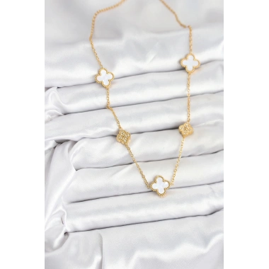 316L Çelik Zincir Gold Renk Beyaz ve Zirkon Taşlı Yonca Kadın Kolye