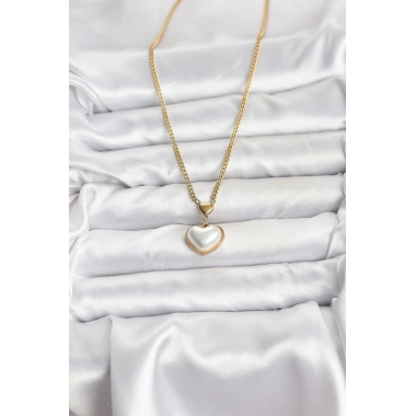 316L Çelik Zincir Gold Renk Bombeli Kalp Model Kadın Kolye