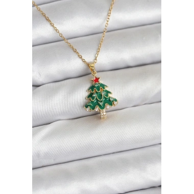 316L Çelik Zincir Gold Renk Çam Ağacı Model Yılbaşı Temalı Kadın Kolye