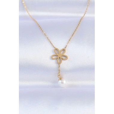 316L Çelik Zincir Gold Renk İnci Detay Çiçek Kolye