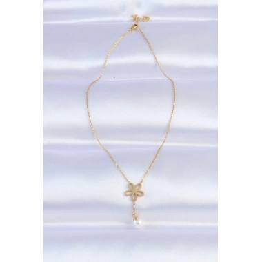 316L Çelik Zincir Gold Renk İnci Detay Çiçek Kolye