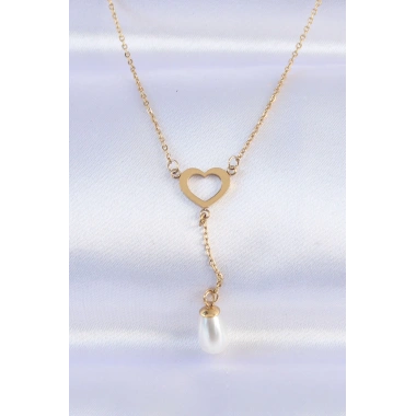 316L Çelik Zincir Gold Renk İnci Taş Detay Kalp Kolye