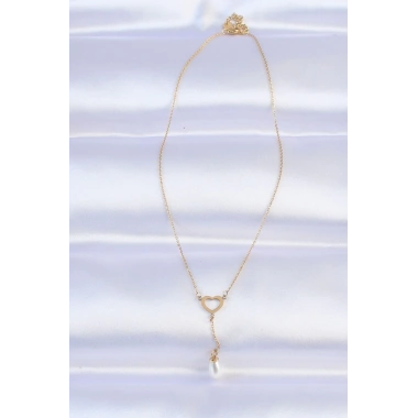 316L Çelik Zincir Gold Renk İnci Taş Detay Kalp Kolye