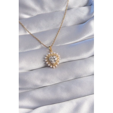 316L Çelik Zincir Gold Renk İncili Zirkon Taşlı Kalp Tasarımlı Kolye