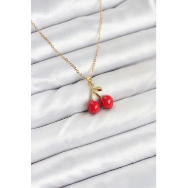 316L Çelik Zincir Gold Renk Kiraz Model Kadın Kolye