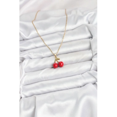 316L Çelik Zincir Gold Renk Kiraz Model Kadın Kolye