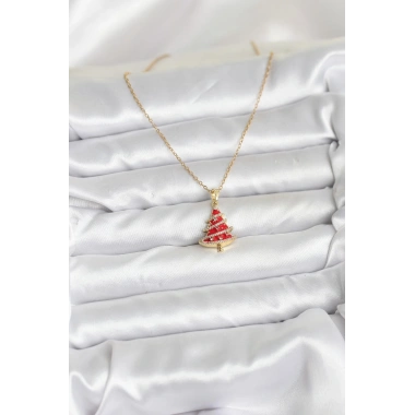 316L Çelik Zincir Gold Renk Kırmızı Çam Ağacı Model Yılbaşı Temalı Kadın Kolye