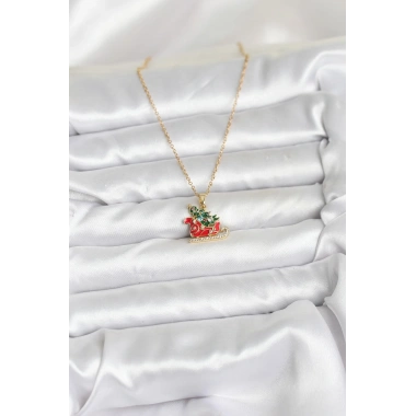 316L Çelik Zincir Gold Renk Kızak ve Çam Ağacı Figürlü Yılbaşı Temalı Kadın Kolye