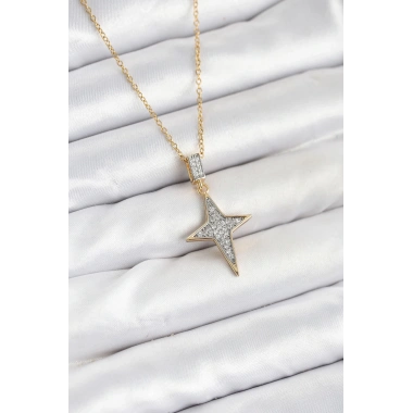 316L Çelik Zincir Gold Renk Kutup Yıldızı Model Zirkon Taşlı Kadın Kolye