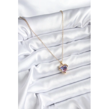 316L Çelik Zincir Gold Renk Mor Renk Zirkon Taşlı Kalp Model Kadın Kolye