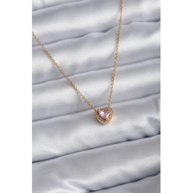 316L Çelik Zincir Gold Renk Pembe Zirkon Taşlı Charm Kadın Kolye