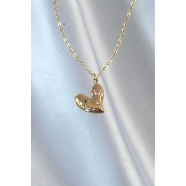 316L Çelik Zincir Gold Renk Renkli Zirkon Taşlı Kalp Kolye