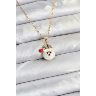 316L Çelik Zincir Gold Renk Şapkalı Kardan Adam Kafası Model Yılbaşı Temalı Kadın Kolye