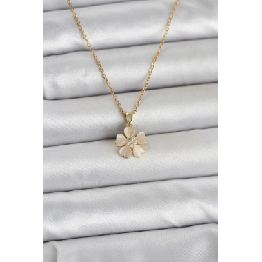 316L Çelik Zincir Gold Renk Yonca Model Kadın Kolye