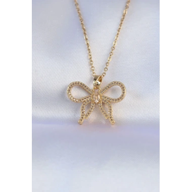 316L Çelik Zincir Gold Renk Zirkon Taşlı Fiyonk Kolye