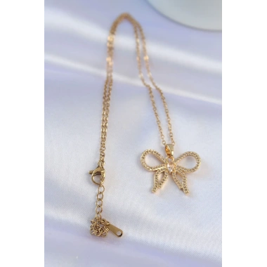 316L Çelik Zincir Gold Renk Zirkon Taşlı Fiyonk Kolye