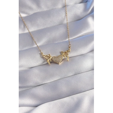 316L Çelik Zincir Gold Renk Zirkon Taşlı Kalp Model Kelebek Detay Kolye