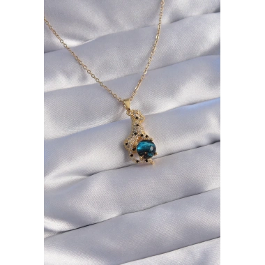 316L Çelik Zincir Gold Renk Zirkon Taşlı Panter Figürlü Gezegen Kolye