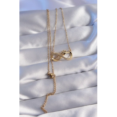 316L Çelik Zincir Gold Renk Zirkon Taşlı Pati ve Kalp Detaylı Sonsuzluk Kolye