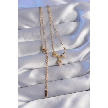 316L Çelik Zincir Gold Renk Zirkon Taşlı Yarım Fiyonk Kalp Kolye