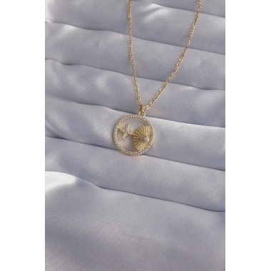 316L Çelik Zincir Gold Renk Zirkon Taşlı Yıldız Figürlü Oval Kolye