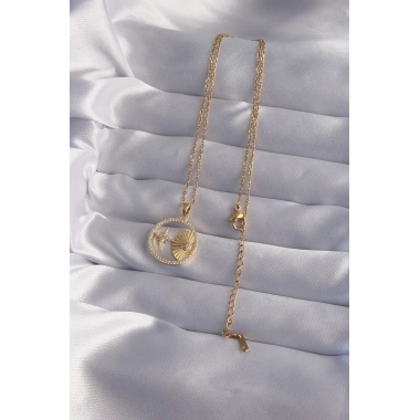 316L Çelik Zincir Gold Renk Zirkon Taşlı Yıldız Figürlü Oval Kolye