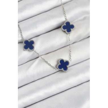 316L Çelik Zincir Gümüş Lacivert Renk Yonca Kadın Kolye