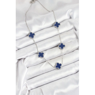 316L Çelik Zincir Gümüş Lacivert Renk Yonca Kadın Kolye
