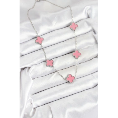 316L Çelik Zincir Gümüş Pembe Renk Yonca Kadın Kolye