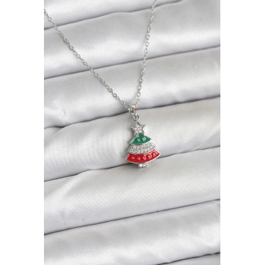 316L Çelik Zincir Gümüş Ren Çam Ağacı Model Zirkon Taşlı Yılbaşı Temalı Kadın Kolye