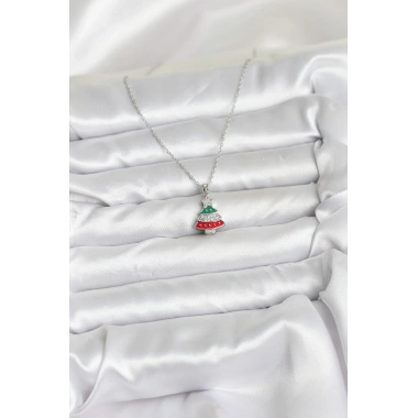 316L Çelik Zincir Gümüş Ren Çam Ağacı Model Zirkon Taşlı Yılbaşı Temalı Kadın Kolye