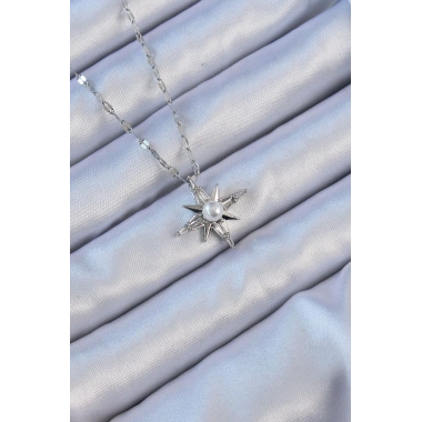 316L Çelik Zincir Gümüş Renk Baget Taşlı İnci Detay Kutup Yıldızı Kolye