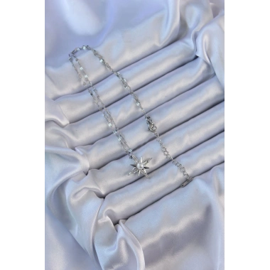 316L Çelik Zincir Gümüş Renk Baget Taşlı İnci Detay Kutup Yıldızı Kolye