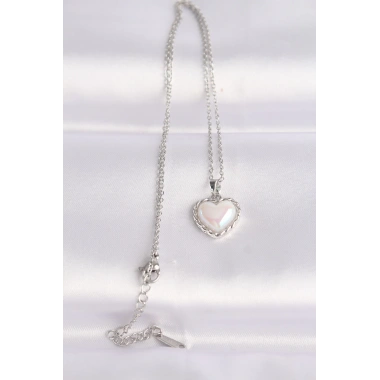 316L Çelik Zincir Gümüş Renk Beyaz Taşlı Bombeli Kalp Kolye
